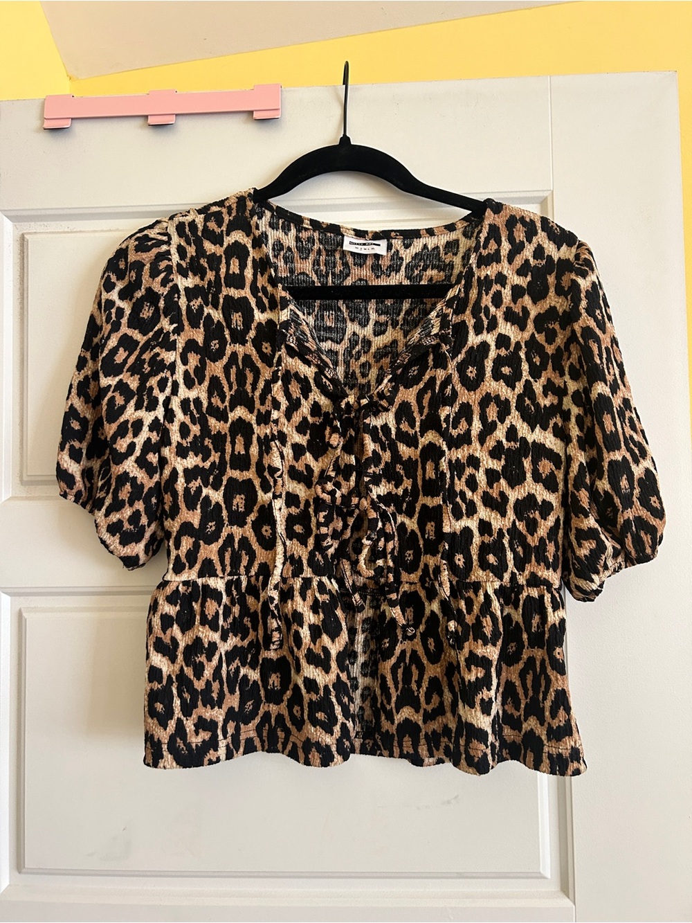 Noisy May Leopard Print Peplum Blouse - Black & Tan